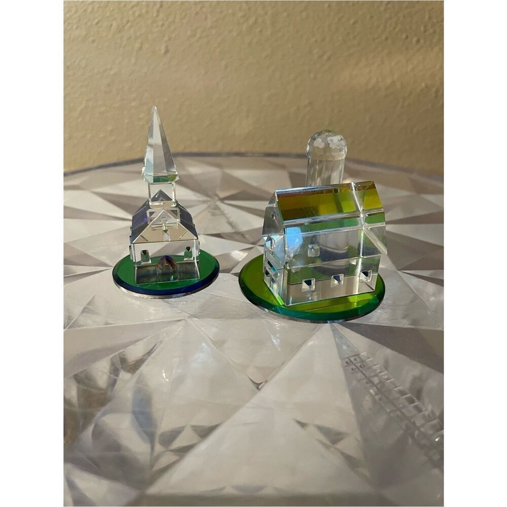 Crystal Miniature Church and House Set - Iridescent Green Base